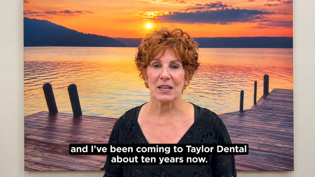 Pat Gilmore sharing a video testimonial about Taylor Dental